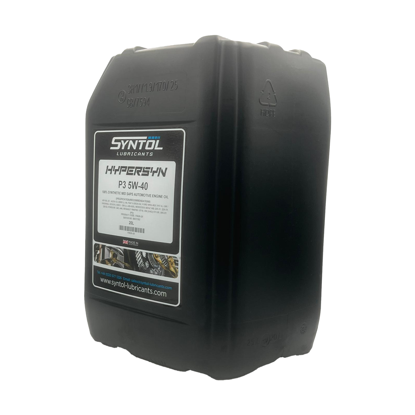 Syntol Hypersyn P3 5W-40 Fully Synthetic Petrol & Diesel Engine Oil API SN ACEA C3 20L