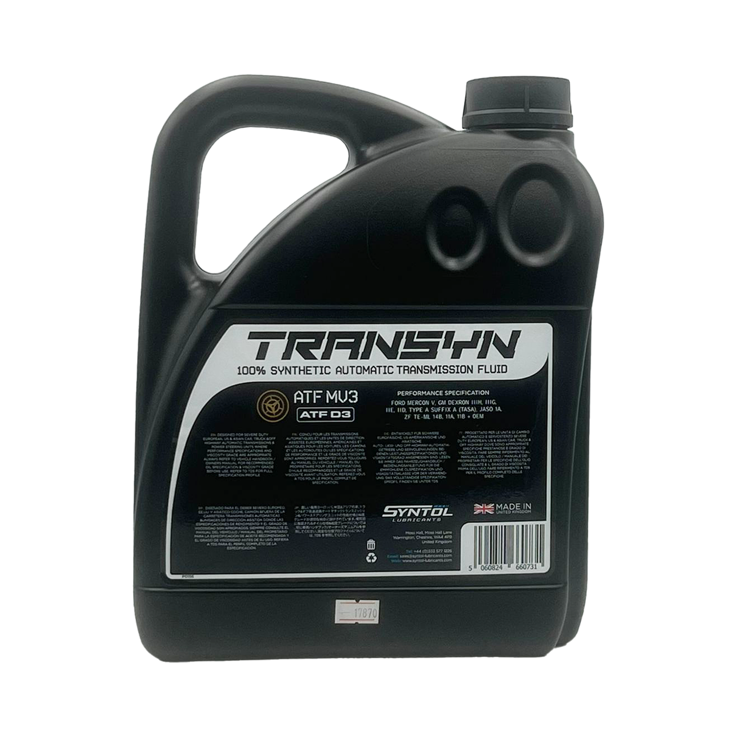 Syntol Transyn ATF MV3 Fully Synthetic Automatic Transmission Fluid Jaso 1A 4L