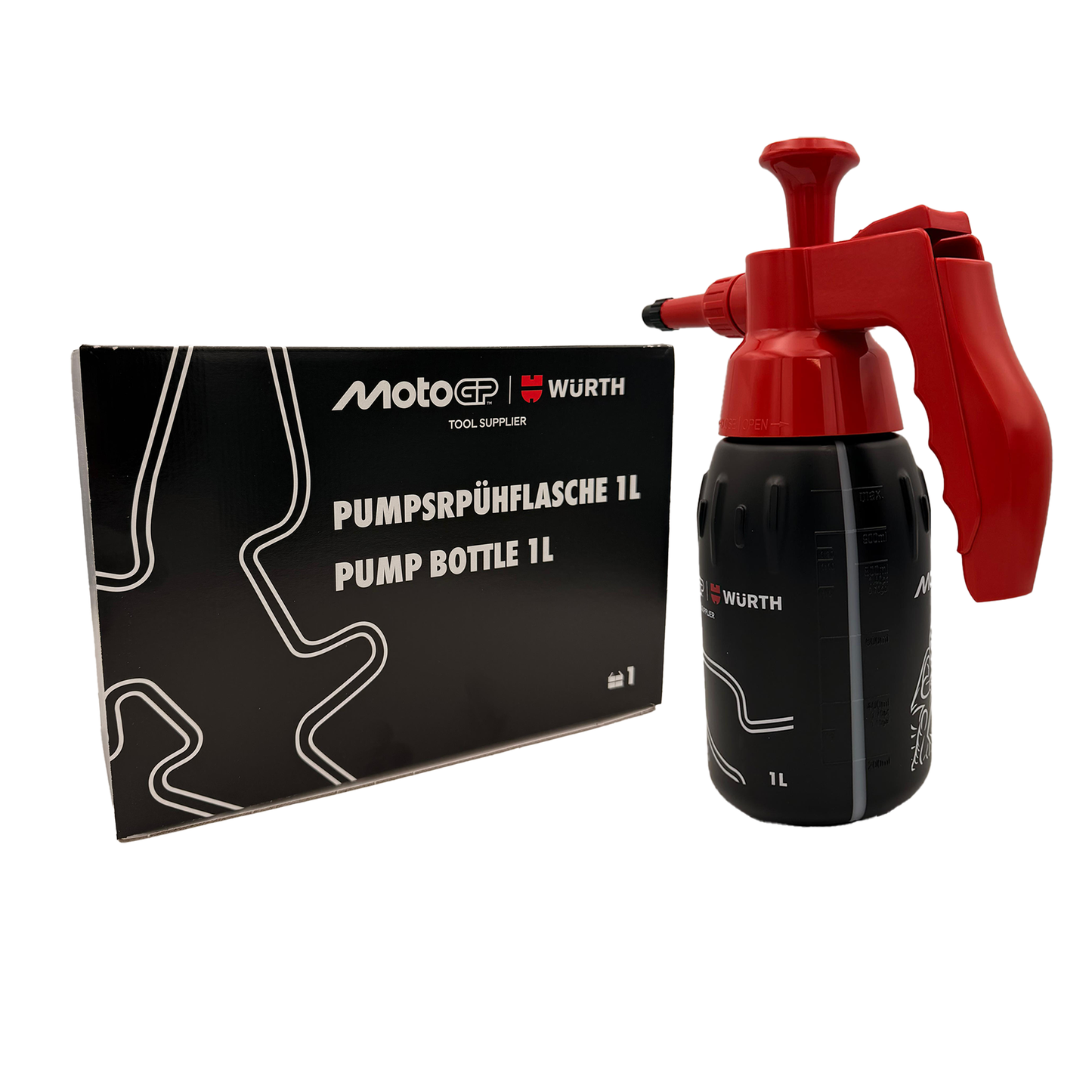 WÜRTH MotoGP 1L Pressure Sprayer Bottle – Refillable Workshop Spray Bottle with Adjustable Nozzle, Ergonomic Handle & Fluid Level Indicator