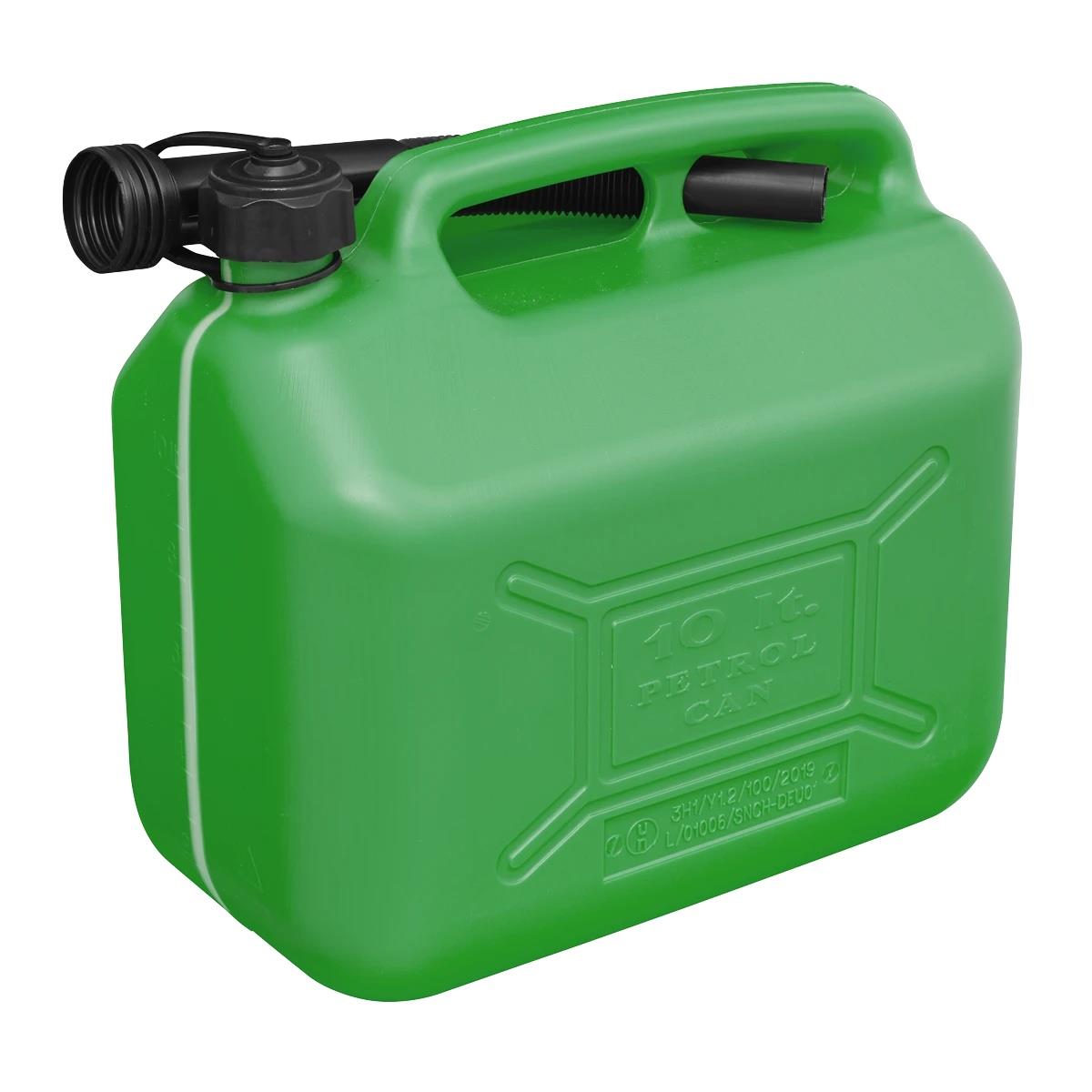 Sealey Fuel Can 10L Green Plastic Unleaded Petrol Flexible Spout Safety Cap