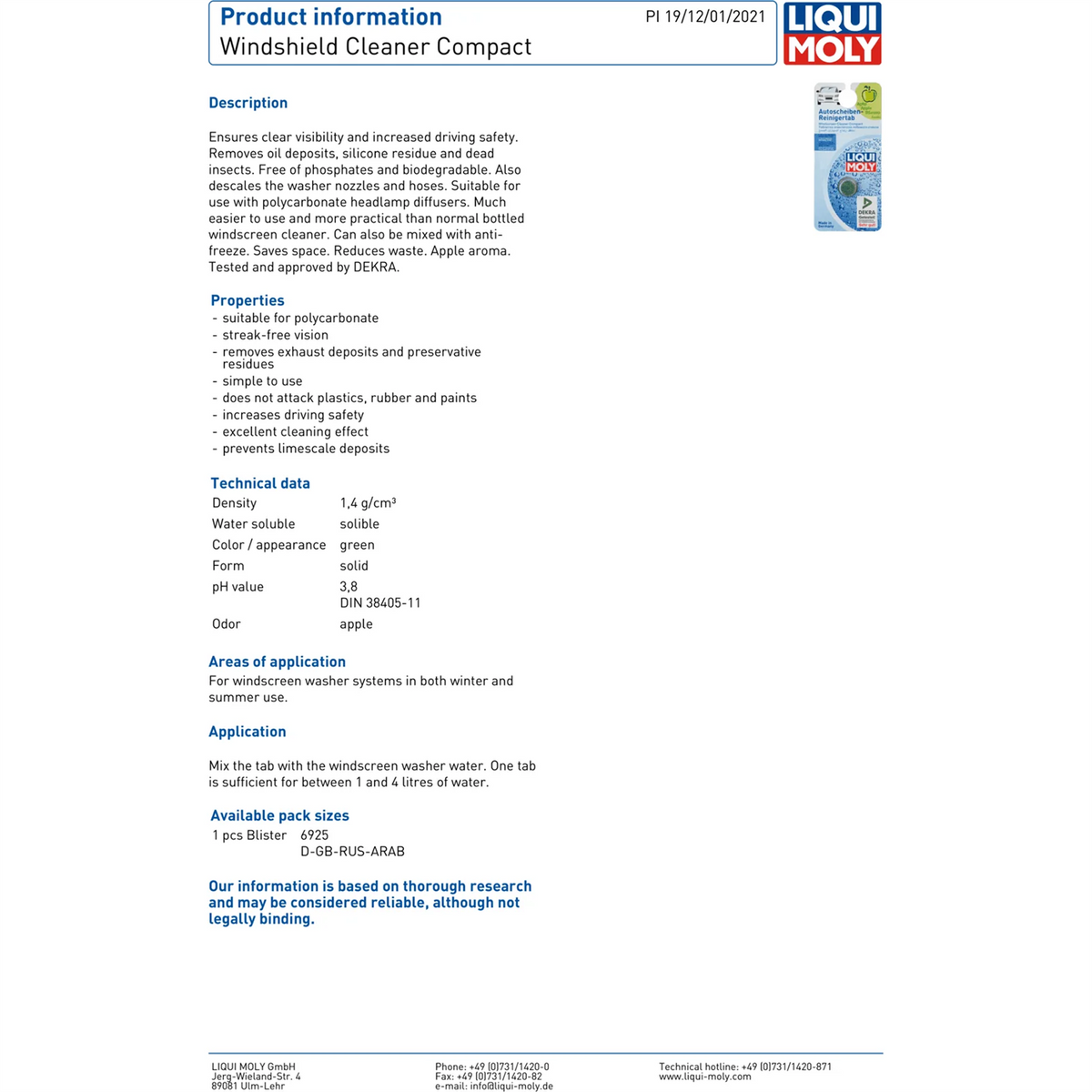Liqui Moly Windscreen Washer Cleaner Tablets Apple Scent 1-4L  Screenwash