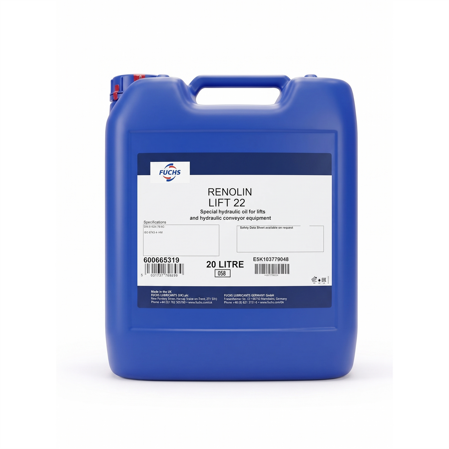 Fuchs Renolin Lift 22 Hydraulic Lift Hydraulic Conveyor Oil DIN 51524-2 20L